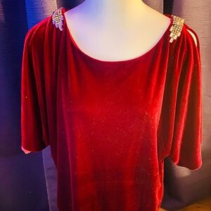 Adrianna Papell Elegant Evenings Red Velvet Top with Beaded Shoulder Accents